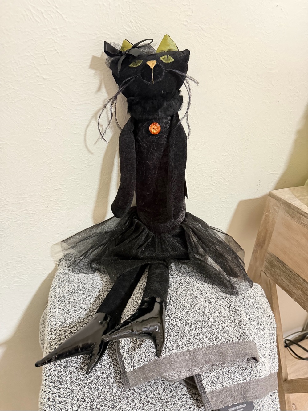 Woof Poof Black Plush Cat Doll with Tulle Skirt, Orange & Green Accents